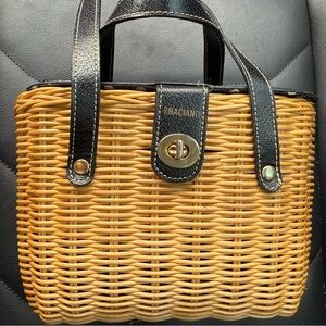 Braciano Black Wicker Basket Handbag Accents Polka Dot Lining